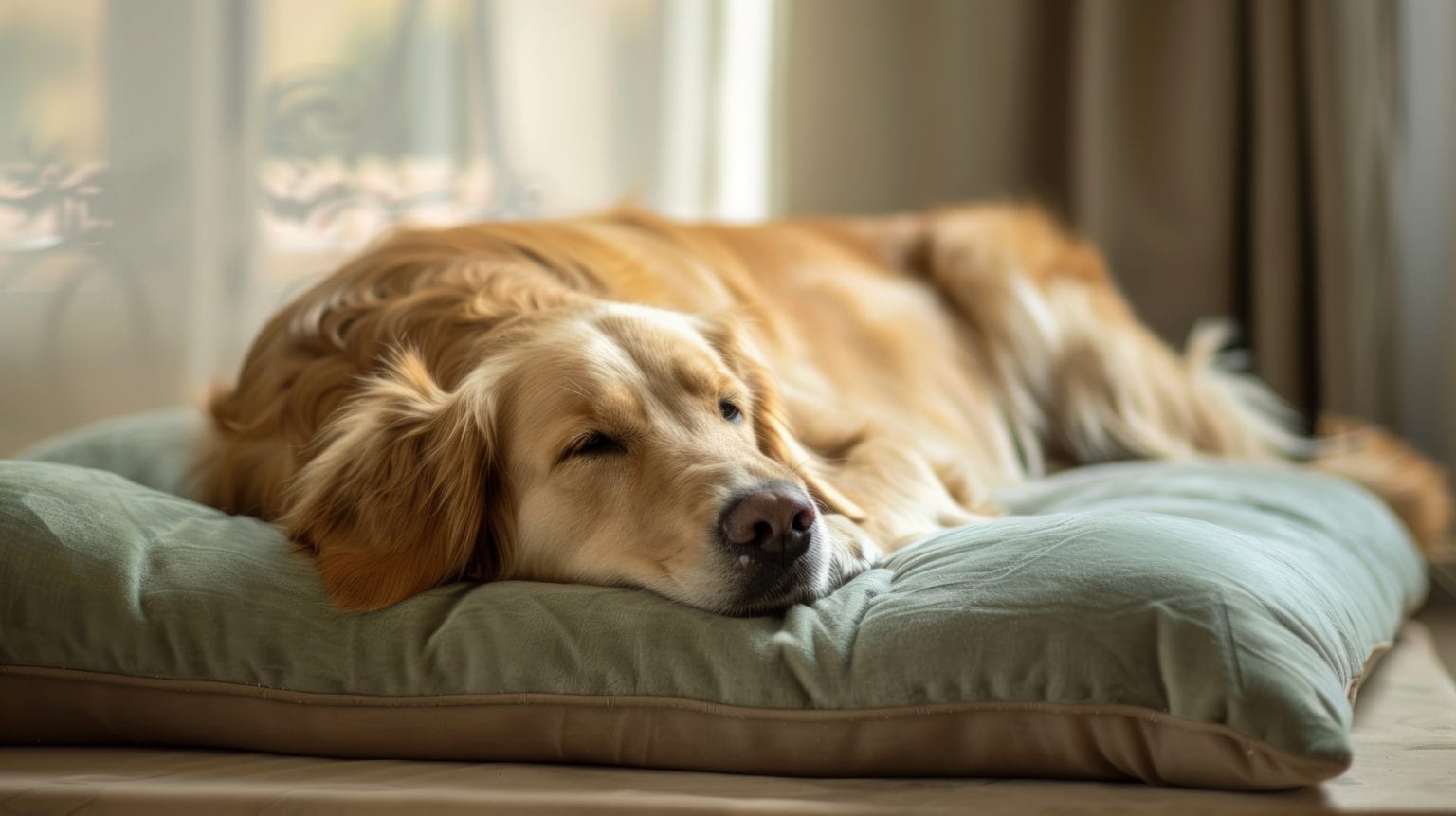 A golden retriever resting comfortably indoors